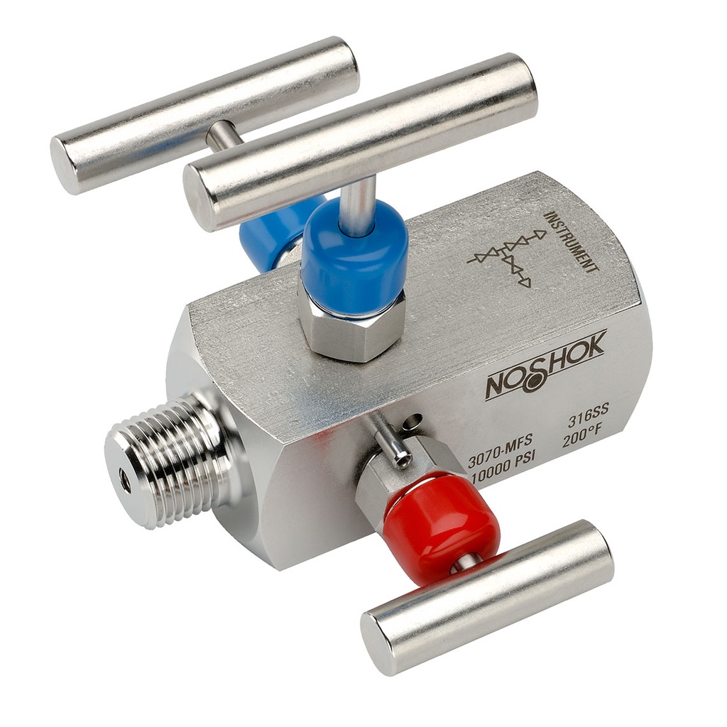 3070 Series 3-Valve Double Block & Bleed, Hard Seat Needle Valve, 1/2" NPT, Male x Female, 316 SS, 0.187" Orifice 