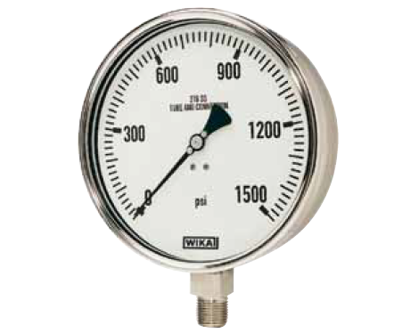 Wika 233.50 Series Glycerine Filled Pressure Gauge, 4" Dial, -1 to 4 bar (psi), 1/2 NPT SS Lower Back Mount
