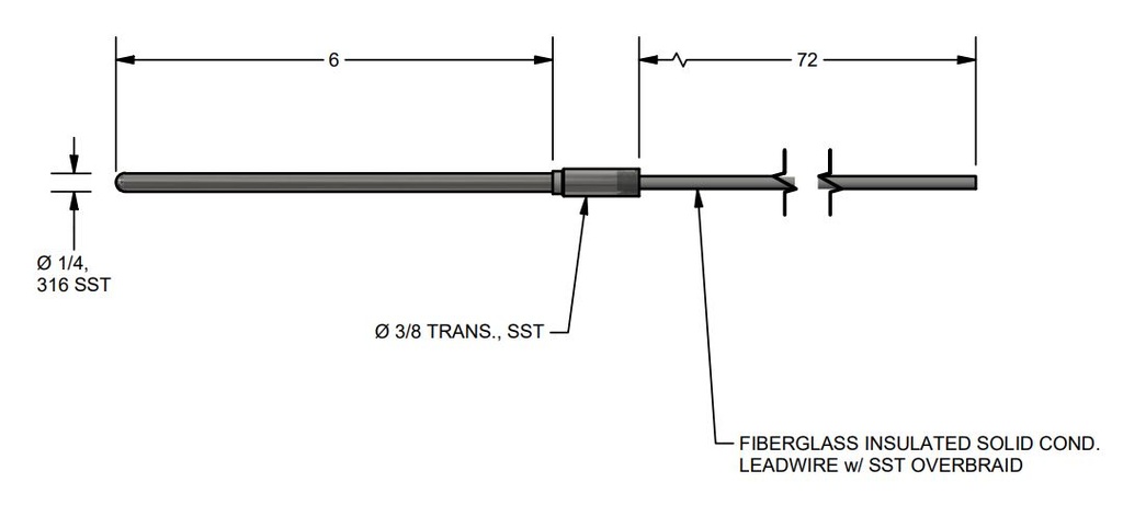 PYROMATION TYPE J THERMOCOUPLE 4" LENGTH, 180" LEADS
