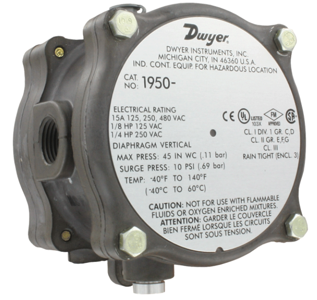 1950 Series Differential Pressure Switch, Range 1.4 to 5.5" H2O, Flurosilicone Diaphragm Material