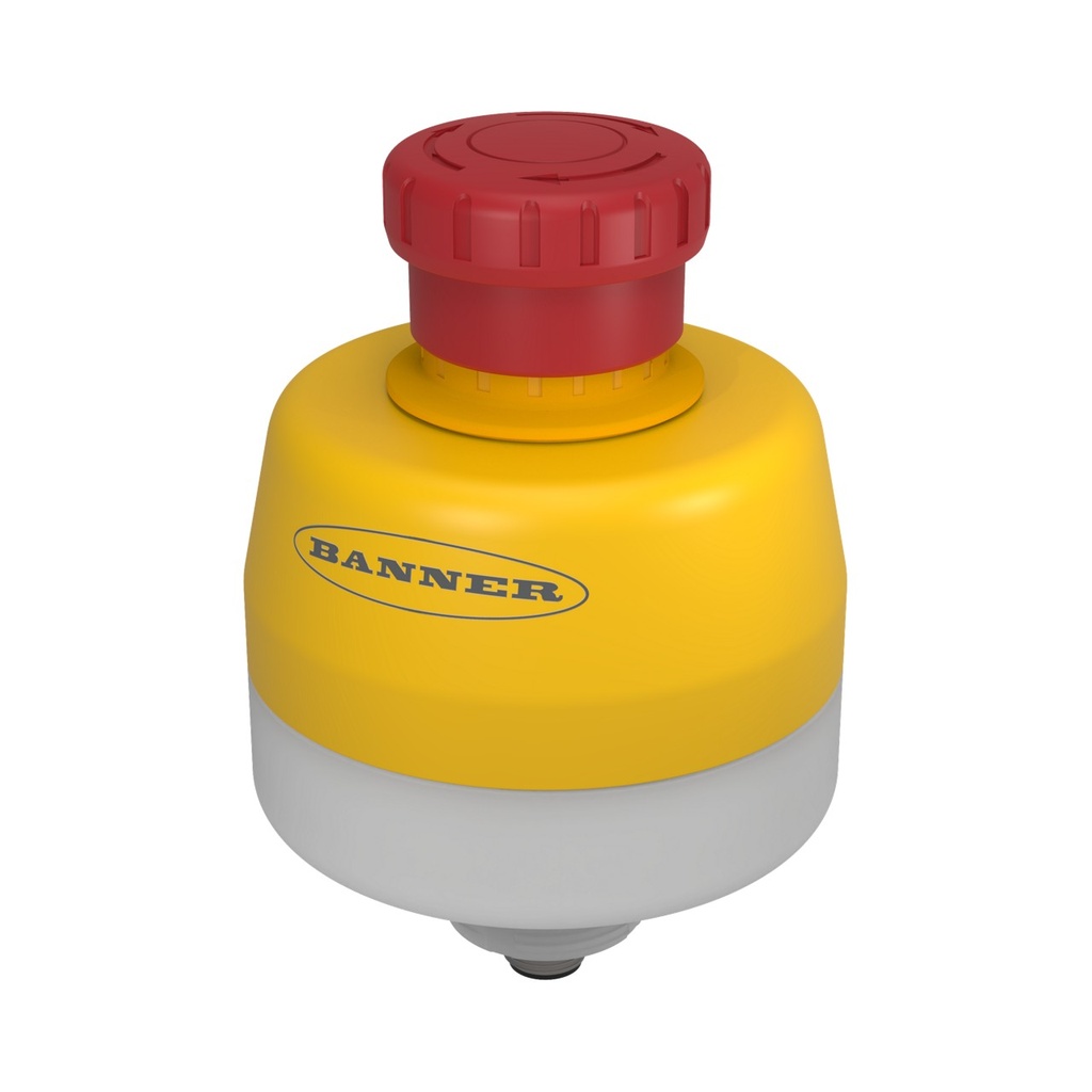 Banner Emergency Stop with ISD: 30 mm Mount with 40 mm Push Button; Illuminated Color: Off/Red Flashing; 2 N.C. OSSD Safety Contacts, IP65; 8-pin M12 QD (SSA-EB1PLXR-0DECQ8)
