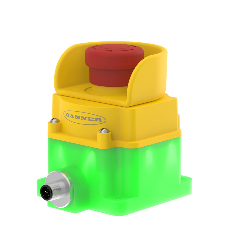 Banner Emergency Stop with ISD: Flush Mount 40 mm Push Button; Illuminated Color: Green/Red Flashing; 2 N.C. OSSD Safety Contacts, IP65; 8-pin M12 QD; ESC-1-YW Button Shroud Installed (SSA-EB1PLGRS1-0DED1Q8)