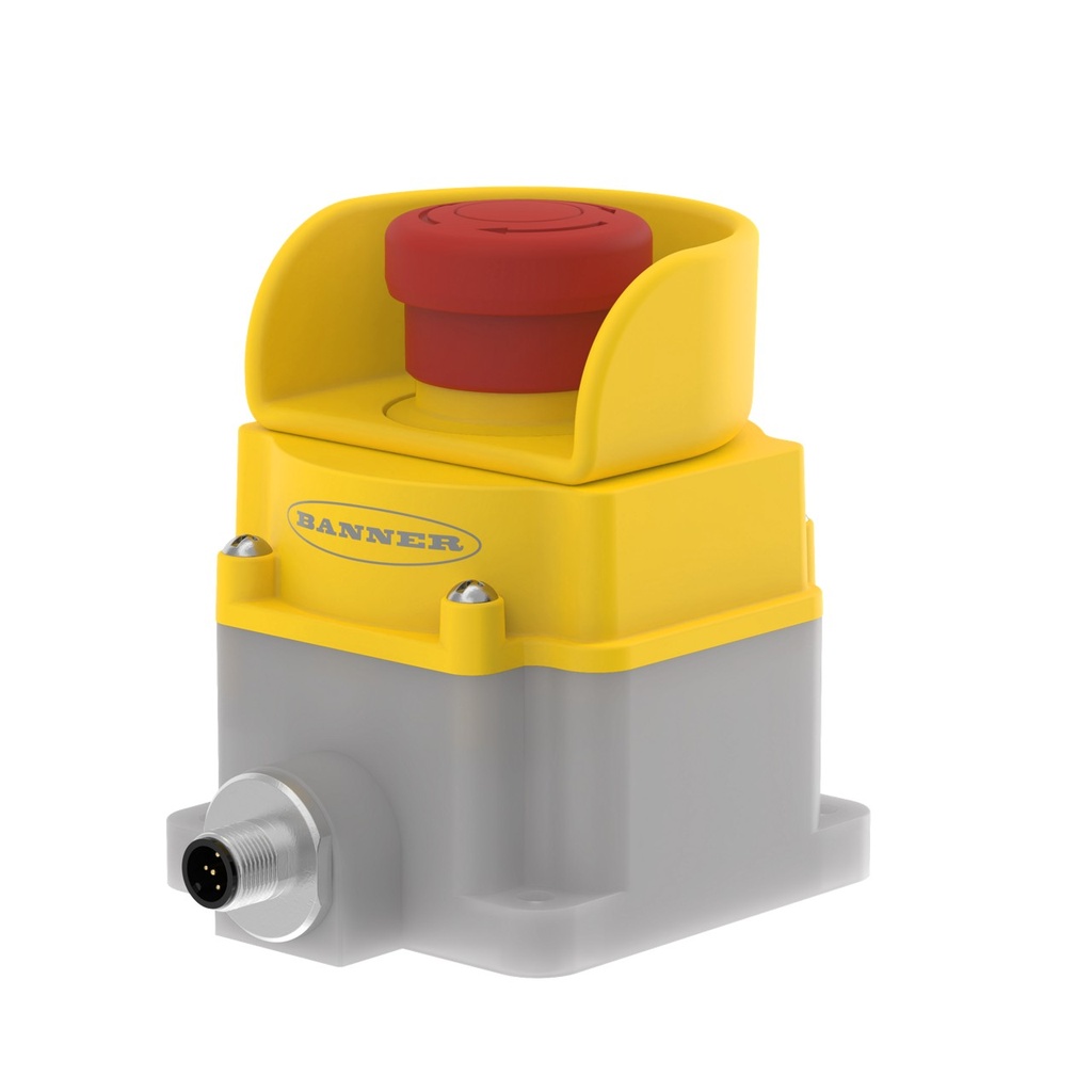Banner Emergency Stop: Flush Mounting 40 mm Push Button; Environ. Rating: IP65; Lighted; Color: Red Solid; 2 N.C. Safety Contacts; 1 N.O. aux. Contacts; 8-pin M12 QD; ESC-1-YW Button Shroud Installed (SSA-EB1PLS1-12ED1Q8)