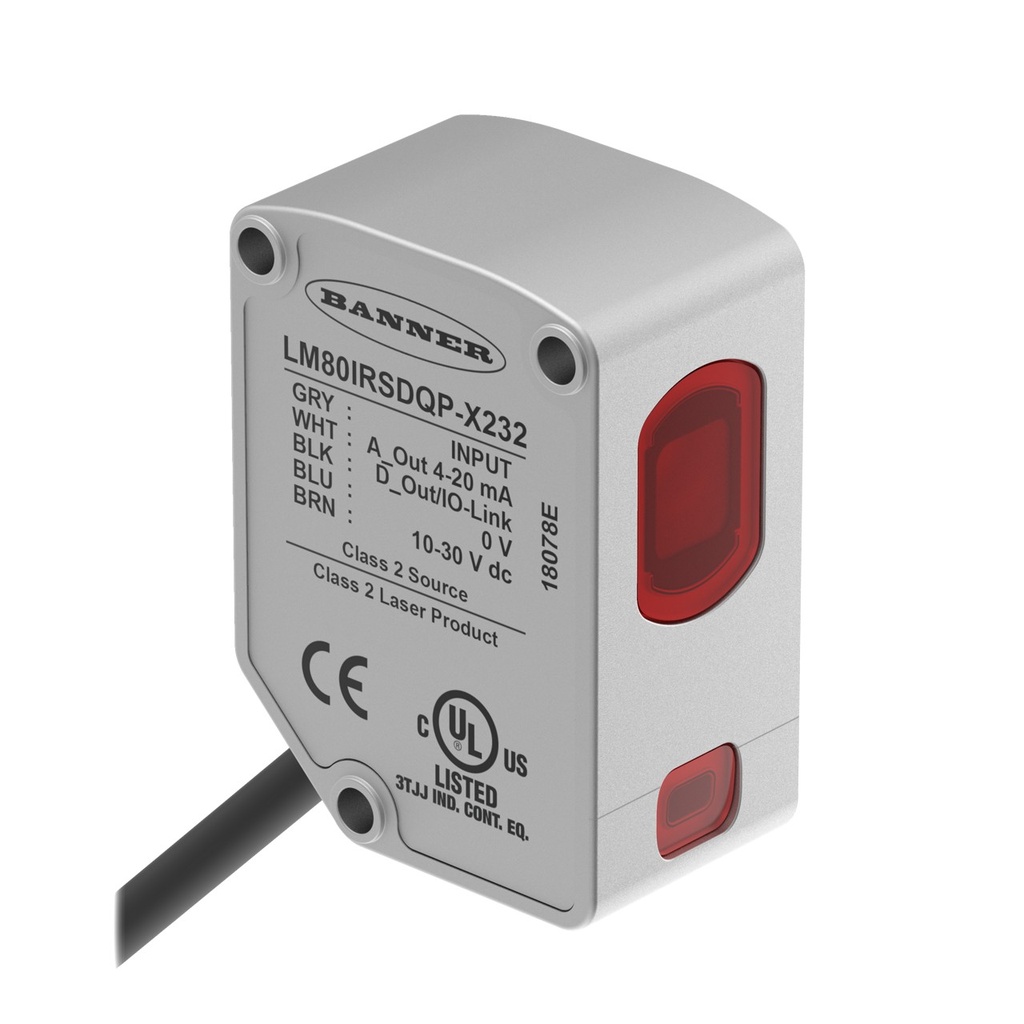 Banner Laser Displacement Sensor; Range: 40-80 mm; Input: 10-30 V dc; Outputs: Analog: 4-20 mA; 300 mm (1 ft) M12 Pigtail QD; Converter Required for Serial Output (LM80IRSDQP-X232)