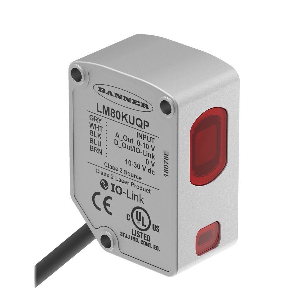 Banner Laser Displacement Sensor; Range: 40-80 mm; Input: 10-30 V dc; Outputs: Analog: 0-10 V; Discrete: Push/Pull, IO-Link; 300 mm (1 ft) M12 Pigtail QD (LM80KUQP)