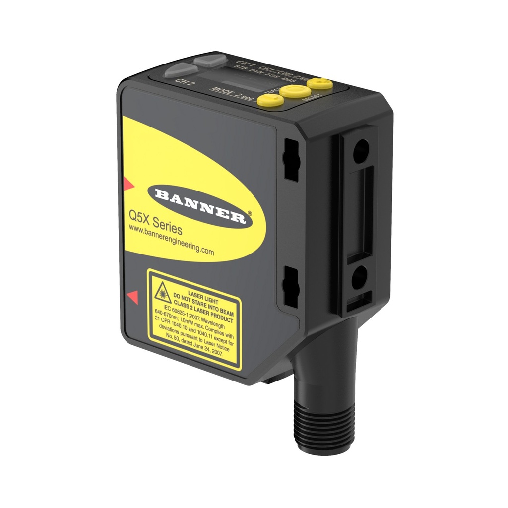 Banner Q5X Series: Laser Adjustable Field; Range: 95-2000 mm; Input: 10-30 V dc; Output: 1 PNP/NPN with IO-Link; 1 PNP/NPN Multi-Function I/O; 4-pin M12 Rotatable QD; Default PFM Output on Channel 2 (Q5XKLAF2000-Q8-PFM)