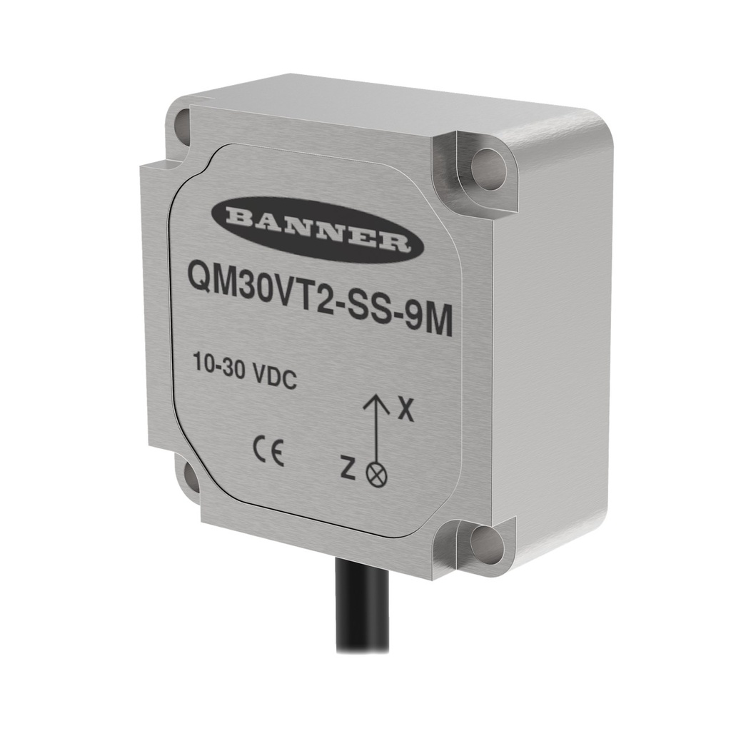 Banner Vibration and Temperature Sensor; Modbus Slave Device via RS-485; 9.1 m (30.0 ft) Flying Leads; Stainless Steel IP69K Housing (QM30VT2-SS-9M)