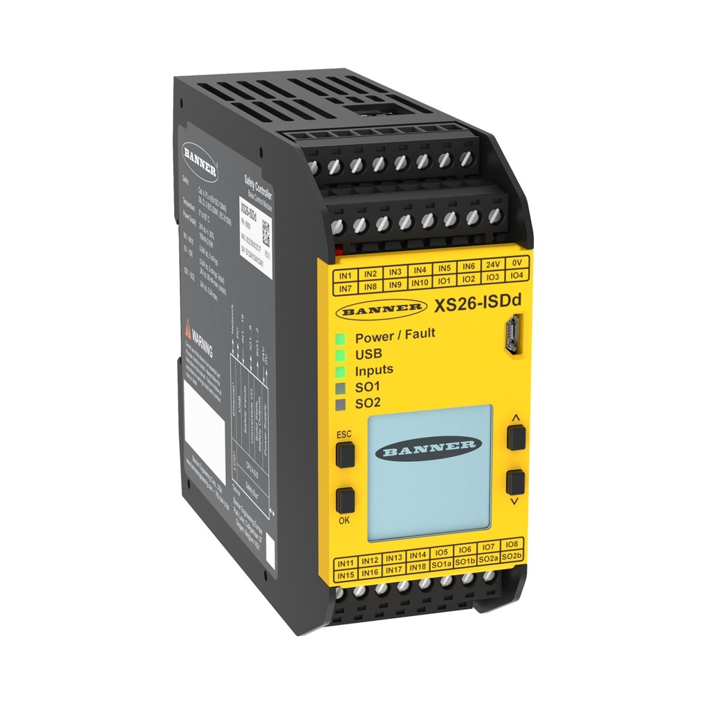 Banner Safety Controller: Expandable; ISD Compatible (8 ISD Chains) 26 Input 2 pairs of PNP Safety Outputs (0.5 A each); Display; Ethernet USB; 8 Convertible Inputs; Removable Screw Terminals 24 V dc; 160 mA (XS26-ISDd)
