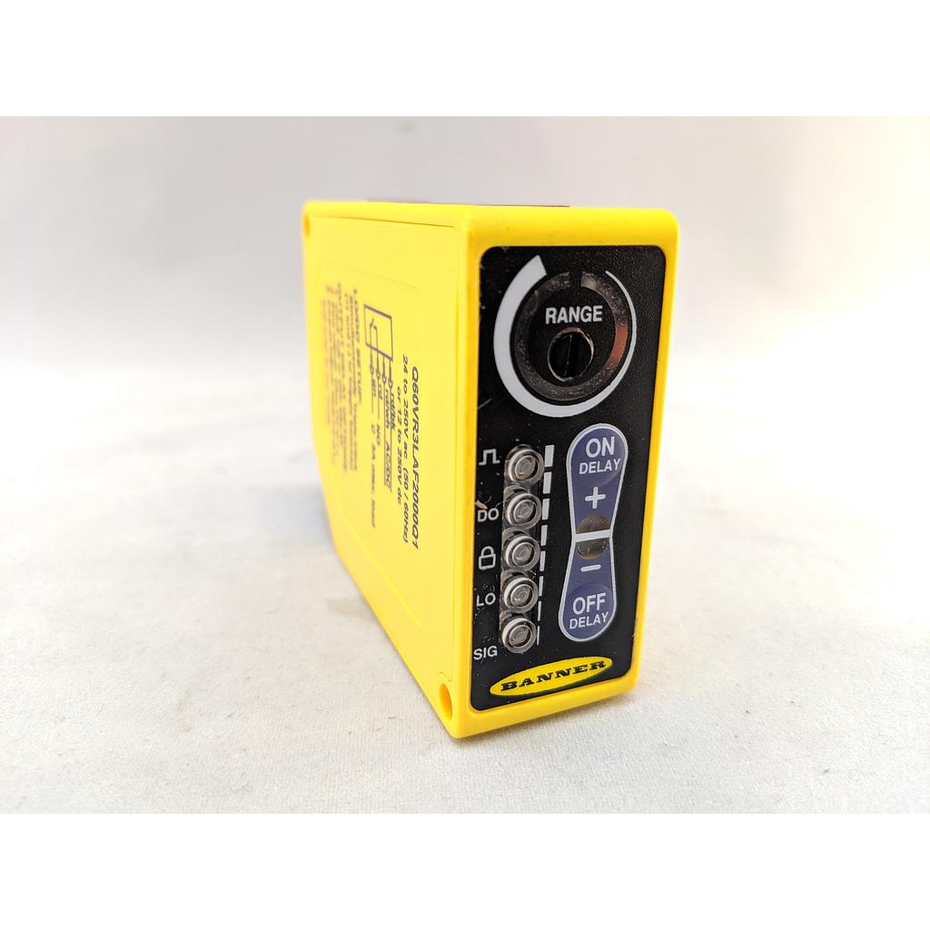 Banner Q60 Series: Adjust-Field Laser (Cls 2) Univ Volt; Range: 200-2000 mm; Input: 12-250 V dc or 24-250 V a; Output: ELectromechanical Relay (SPST); Micro-Style QD (Q60VR3LAF2000Q1)