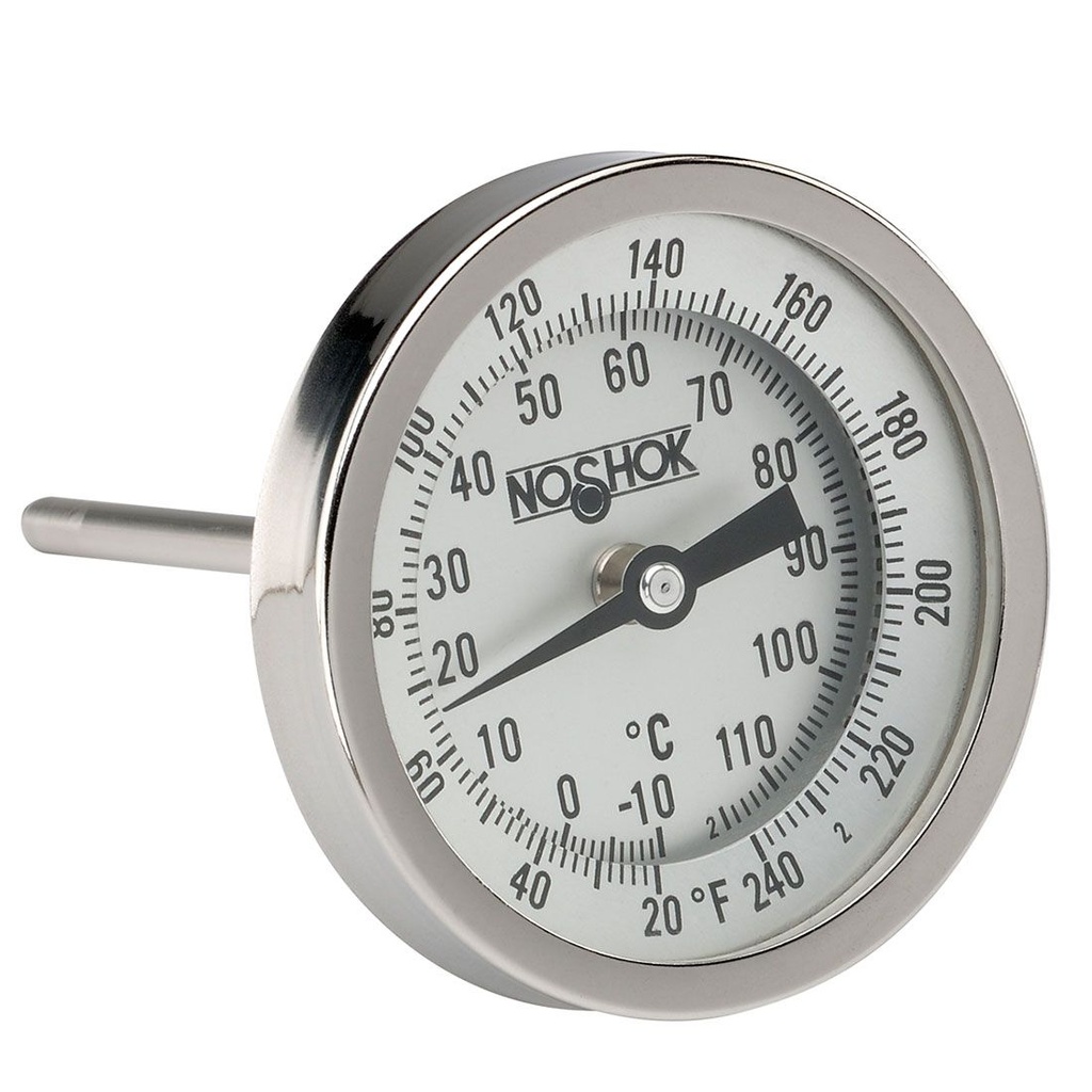 3" Bimetal Thermometer, 1/4" NPT Back Conn, 4" Stem Length, 50/500 F/C, .250" Diameter