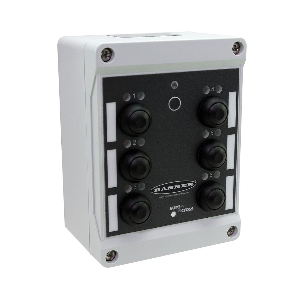 Banner Wireless Q120 Pendant Node 900 MHz; Integrated Battery and 10-30 V dc power terminals; Six Independently Controlled Push Button Inputs; Six sets of Green and Red LED Indicator Lights (DX80N9Q120BL-RG)