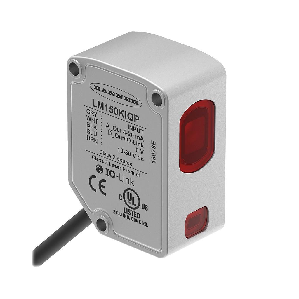 Banner Laser Displacement Sensor; Range: 50-150 mm; Input: 10-30 V dc; Outputs: Analog: 4-20 mA; Discrete: Push/Pull, IO-Link; 300 mm (1 ft) M12 Pigtail QD (LM150KIQP)