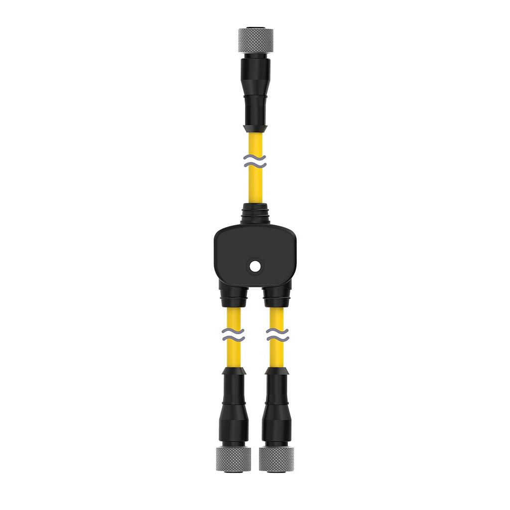 Banner SGS Safety Grid System, Accessory Muting; Connection Cable for x and L Configuration; M12 QD Splitter Cable; 4-pin Straight Female 0.3 m (1 ft) Trunk; Two Straight 4-pin Female Branches 0.3 m (1 ft); Black Jacket; Nickel-Plated Brass Coupling Nuts (SGSA-MCS-2)