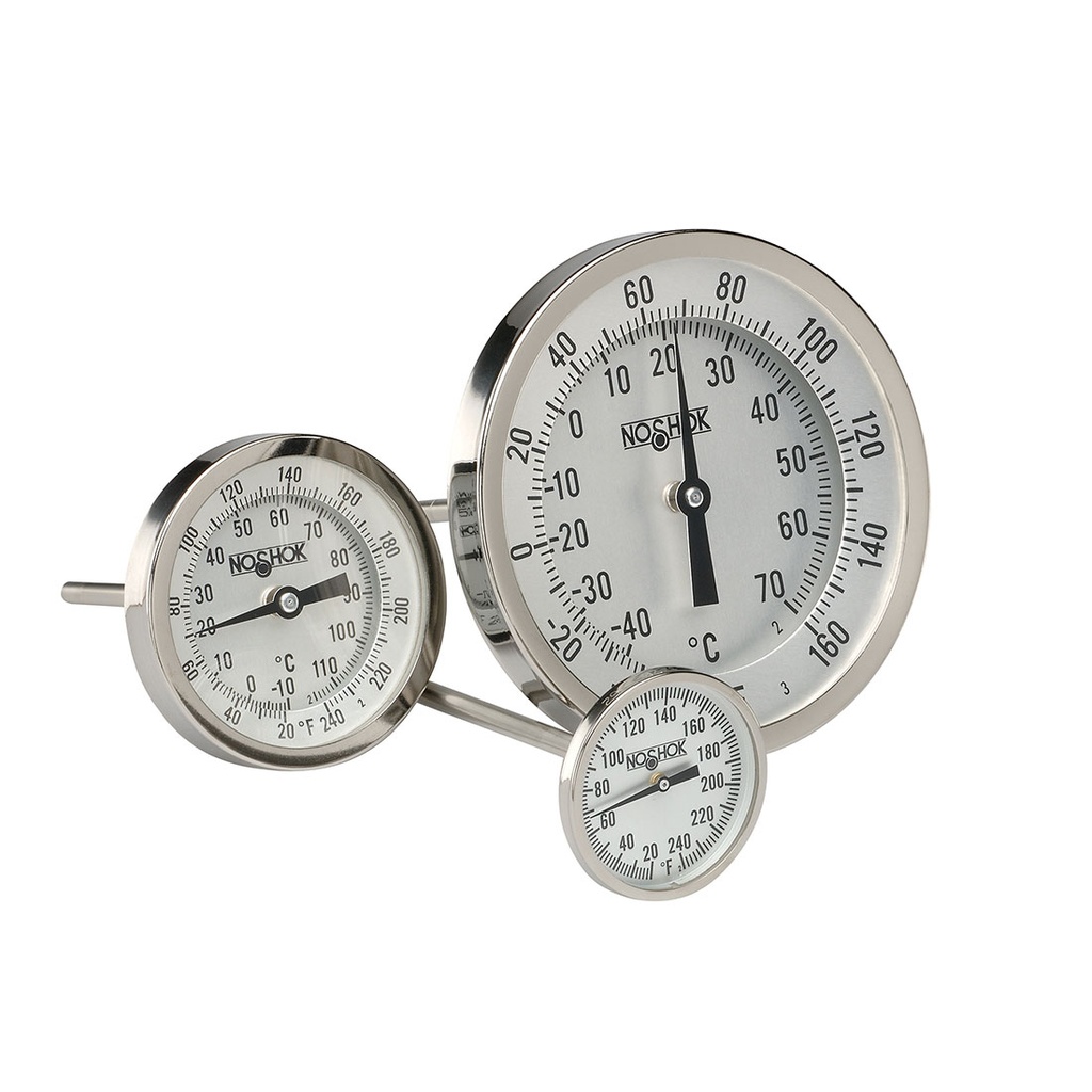 100 Series Industrial Type Bimetal Thermometer, 40 to 160 °F, 1/2&quot; NPT, 2.5&quot; Stem Len, 0.250&quot; Stem Diam, Polycarbonate Lens