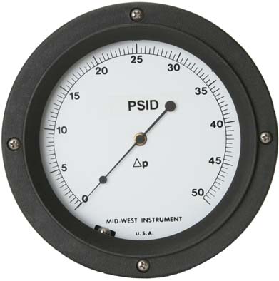 Mid-West 109 Aluminum Differential Pressure Gauge, 4.5" Dial, 0 to 1500 psig (0 to 15 psid), 1/4 NPTF SS Back Mount