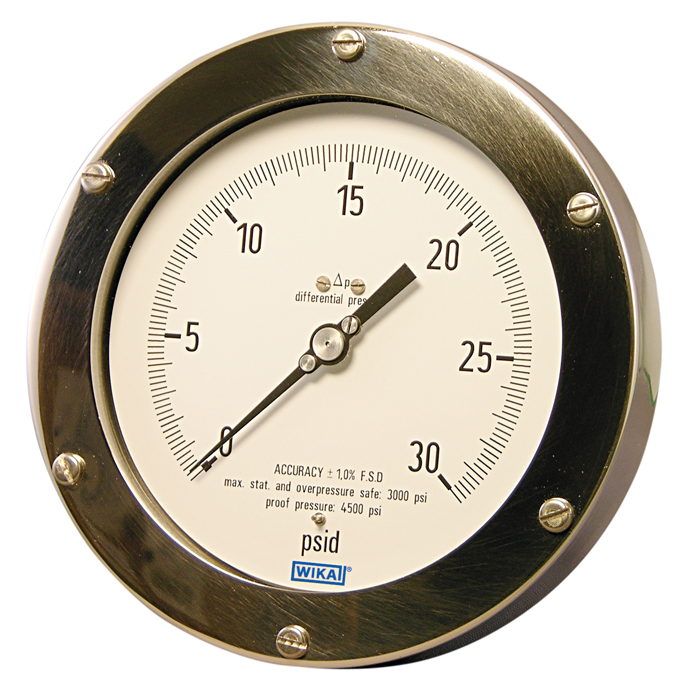 Wika 732.25 Series Dry Differential Pressure Gauge, 6" Dial, 0 to 15 psid, 2x 1/4 NPTF SS Back Entry, NACE Sour Gas Service