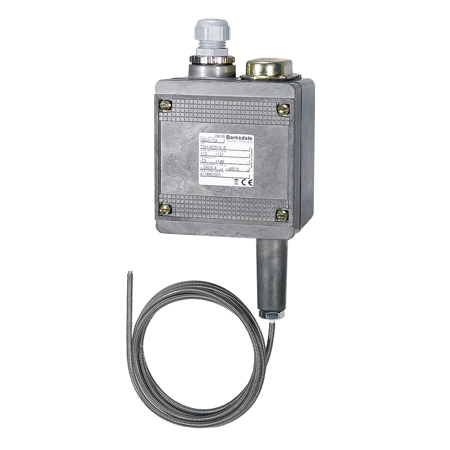Barksdale Remote Mount Temperature Switch, Dual switch (2 SPDT), NEMA 4 Enclosure, 50-250F range, 6FT Capillary, 304 SS ARMOR
