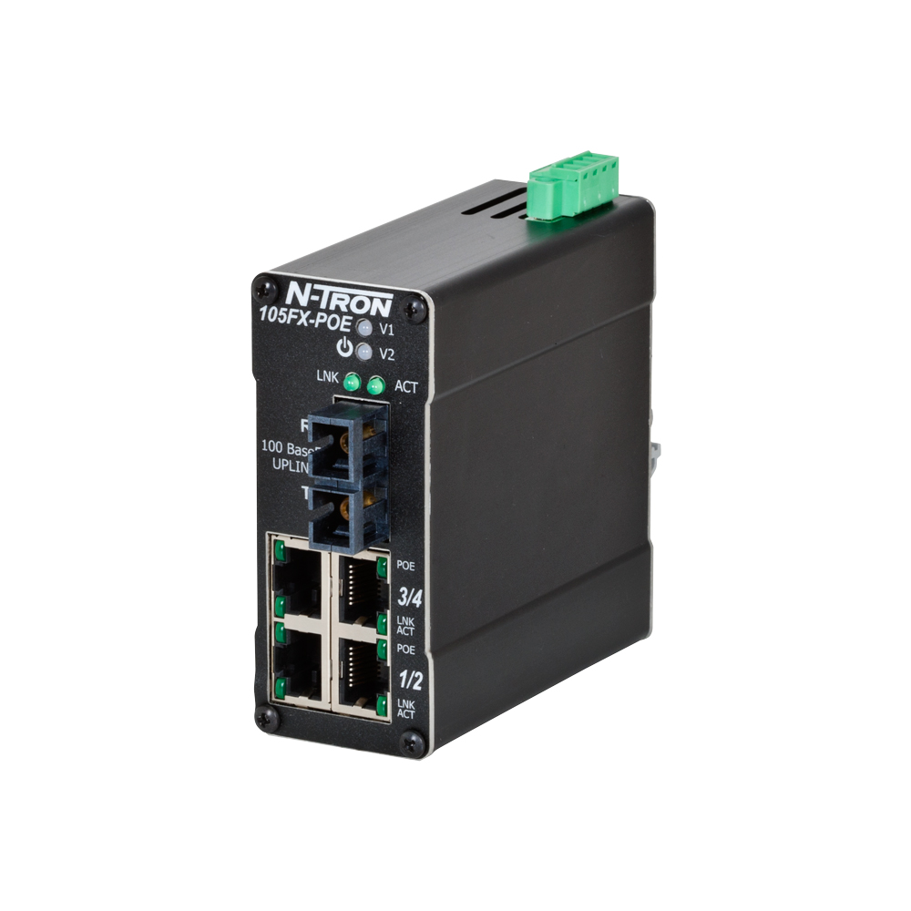 100 PoE Series, 5-Port, N-Tron 105FX Unmanaged Industrial POE Switch, SC 2km