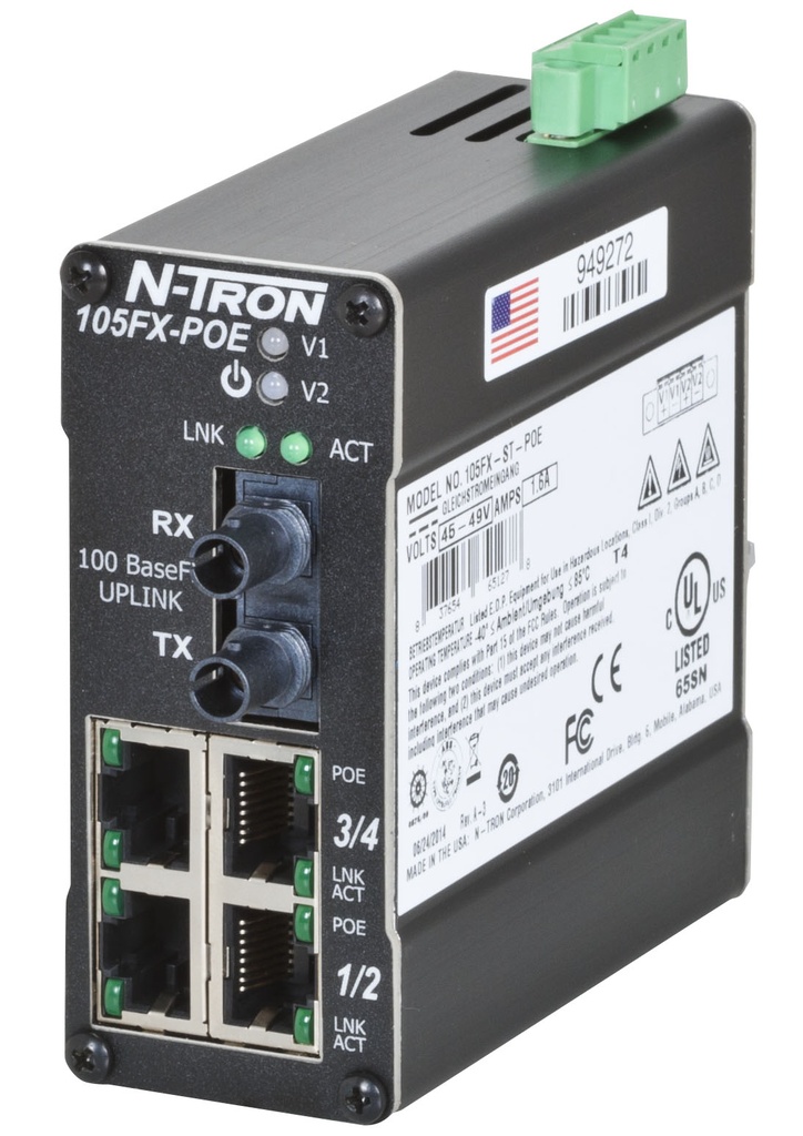 100 PoE Series, 5-Port, N-Tron 105FX Unmanaged Industrial MDR POE Switch, ST 40km