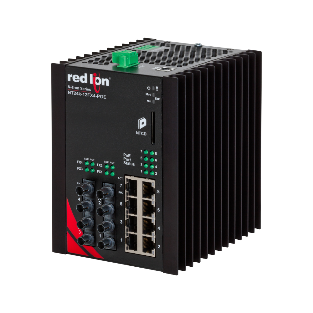 NT24k PoE Series, 12-Port, N-Tron NT24k��-12FX4-POE Managed PoE+ Gigabit Ethernet Switch, ST 2km PTP Enabled