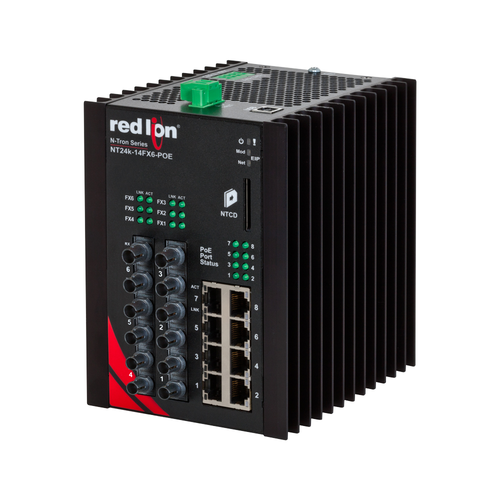 NT24k PoE Series, 14-Port, N-Tron NT24k��-14FX6-POE Managed PoE+ Gigabit Ethernet Switch, ST 2km PTP Enabled