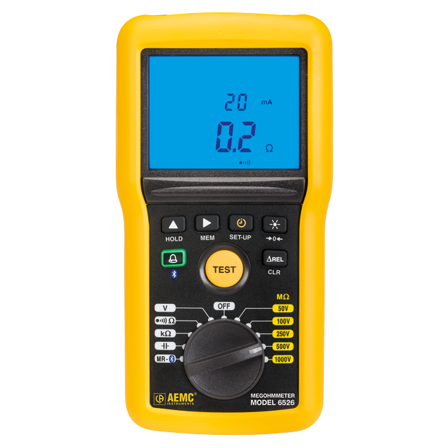 AEMC Megohmmeter Model 6526 (Digital w/Analog Bargraph, Alarm, 50V, 100V, 250V, 500V, 1000V, Ohm, Continuity, V, kΩ,Capacitance, Memory, Bluetooth w/DataView® Software) Replacement for Cat #2155.52