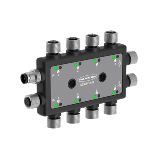 Banner DXMR110 8-port IO-Link Master/Controller; Power: 18-30 V dc; Female M12 (D-Code Ethernet); IP65, IP67; Ethernet IP, Modbus TCP, and Profinet (DXMR110-8K)