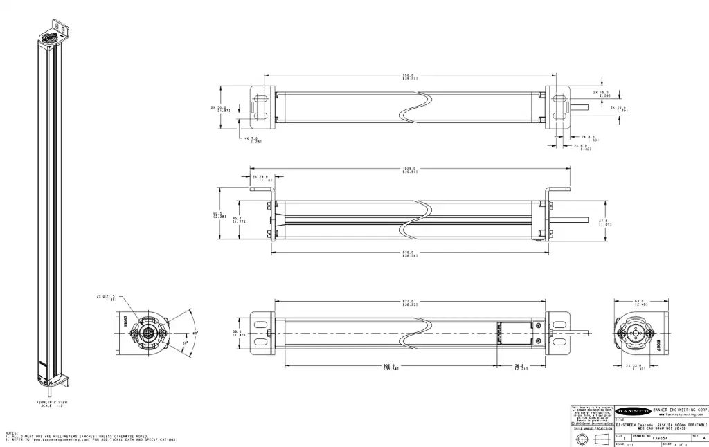 Banner EZ-SCREEN Cascade Emitter; Resolution: 30 mm; Range: 18 m (60 ft); Defined Area: 900 mm (35.4 in); Housing Length: 971 mm (38.2 in); Connection: 4-pin M12 Pigtail Connector; No test Input (SLSCE30-900P4NT)