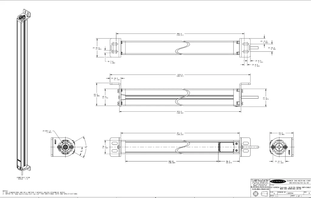 Banner EZ-SCREEN Cascade Receiver; Resolution: 30 mm; Range: 18 m (60 ft); Defined Area: 900 mm (35.4 in); Housing Length: 971 mm (38.2 in); Connection: 4-pin M12 Pigtail Connector (SLSCR30-900P4NT)