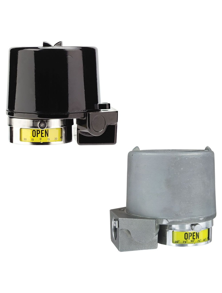 2 switches, SPDT snap, 15A @ 125/250/480 VAC, 1/8 hp @ 125 VAC, direct drive with stainless steel visual indicator, aluminum, painted black.