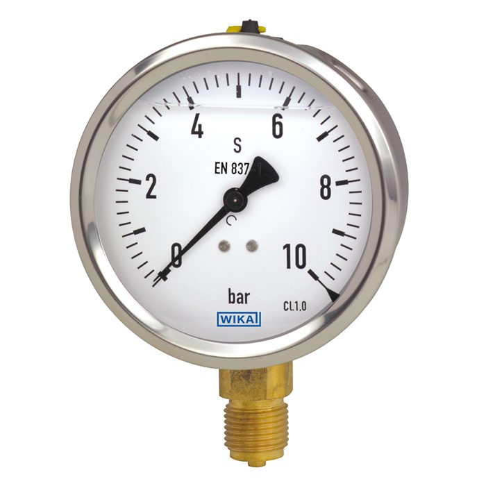Wika 213.53 Series Glycerin Filled Industrial Pressure Gauge, 2.5" Dial, 0 to 70 psi (kg/cm2), 1/4 NPT Nickel Plated Back Mount, Front Flange