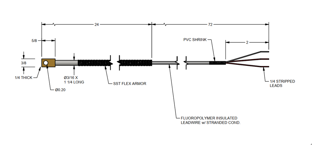 Ring Terminal RTD Sensor, 24" With Flex Armor, 72" With Non-Flex Armor, With Box Connector