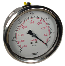 Wika 213.53 Series Glycerin/Water Filled Industrial Pressure Gauge, 4" Dial, -30 inHg to 0 psi (mmHg), 1/4 NPT Brass Lower Back Mount