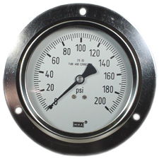Wika 232.53 Series Dry Pressure Gauge, 4" Dial, 0 to 600 psi, 1/2 NPT SS Lower Back Mount, Front Flange, O2 Cleaned