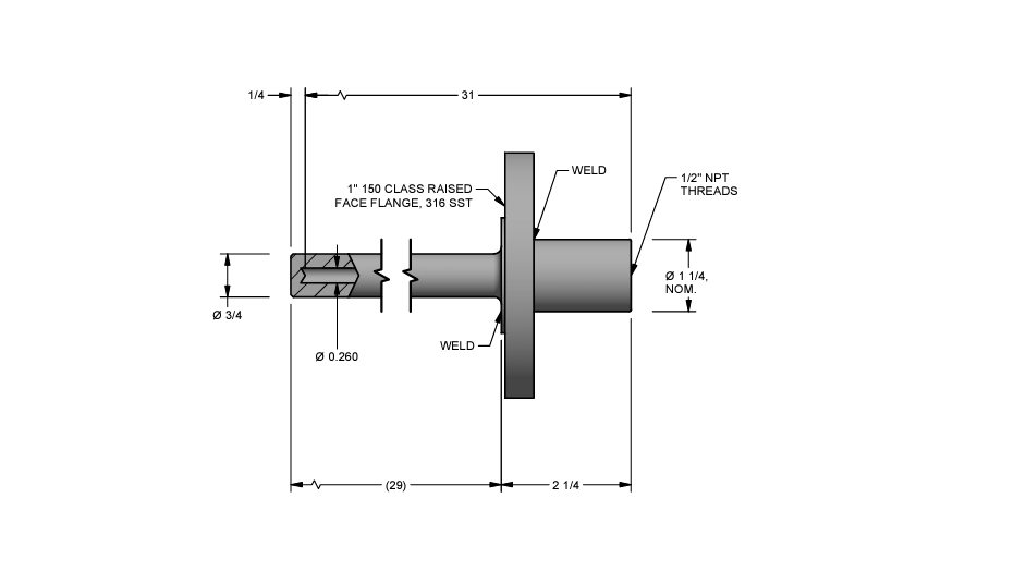 1" 150lb RF Flange, 316SS, 27 Inch, Thermowell