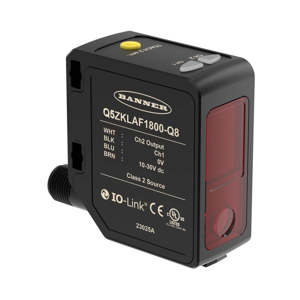 Banner Q5Z Series: Laser Adjustable Field; Range: 95-1800 mm; Input: 10-30 V dc; Output: 1 PNP/NPN with IO-Link; 1 LO PNP; 4-pin M12 Rotatable Connector (Q5ZKLAF1800-Q8)