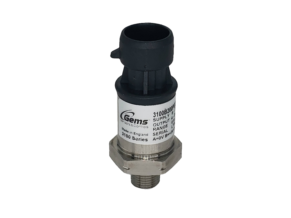Gems 3200 Series Pressure Transducer, 0.5-4.5 V Ratiometric Output, 0-5000 PSI Range, SAE 6 (9/16˝-18 UNF 2A) Pressure Port, Deutsch DT04-4P Electrical Connection, w/ Restrictor (40 MOQ)
