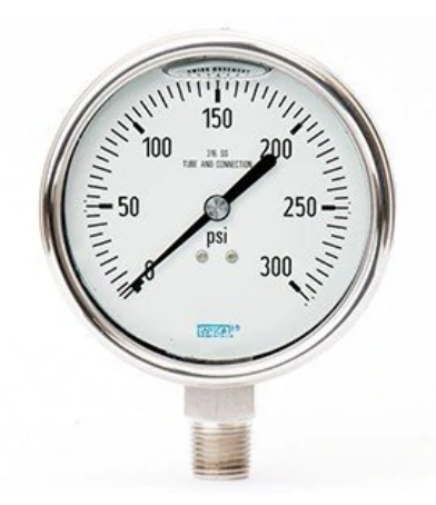 Wika 233.53 Series Stainless Steel Liquid (Glycerin Water Mix) Filled Pressure Gauge, 2.5" Dial, 0 to 60 PSI, 1/4" NPT Lower Connection, Flex Window - IP66