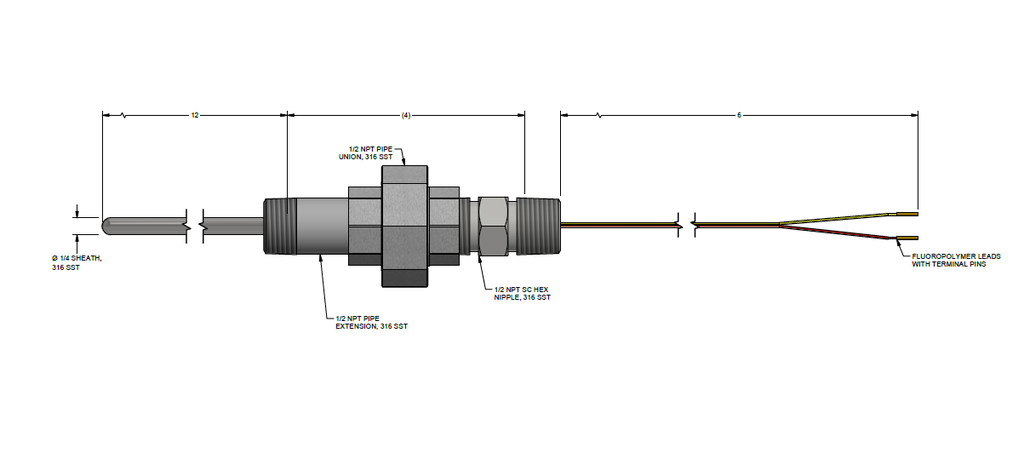 Single Thermocouple Type K, 12inch Insertion