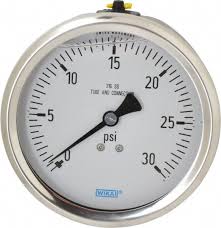 Wika 233.53 Series Stainless Steel Liquid Filled Pressure Gauge, 4" Dial, 0 to 160 PSI, 1/4" NPT SS Lower Back Mount