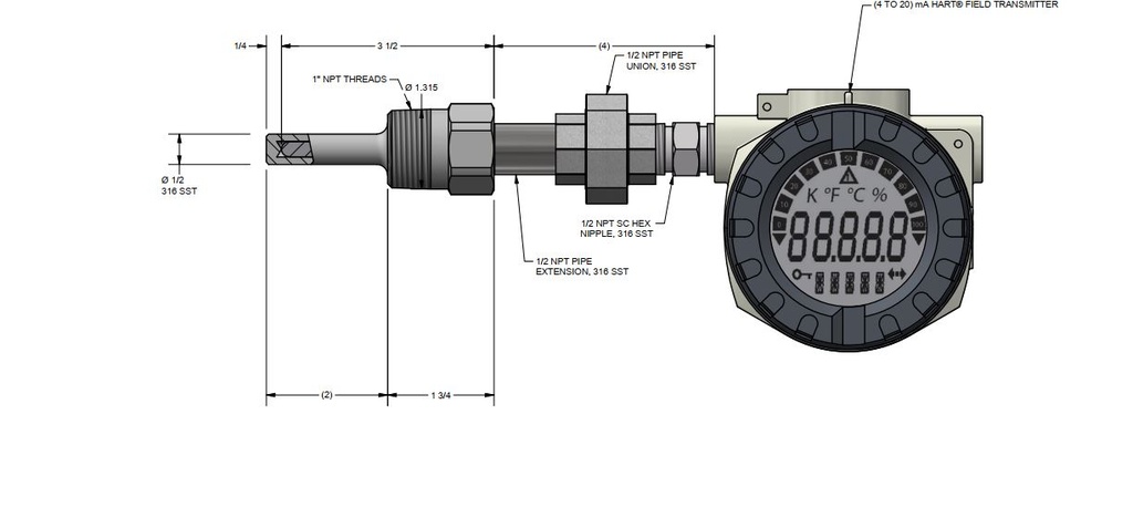 Pyromation Spring-Loaded RTD, Single 3-Wire, 1/4" OD x 3.5" Thermowell (SS, 1 NPT), Aluminum Head, T142 Transmitter