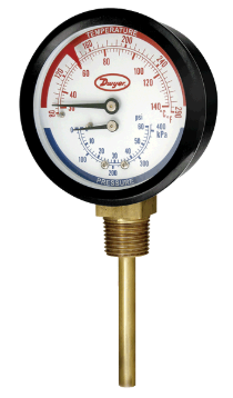 Series TRI2 Tridicator Gauge - Combination Pressure/Temperature, 0-200psi, 80-290°F, 1/2" Lower Mount, 3" Dial Face