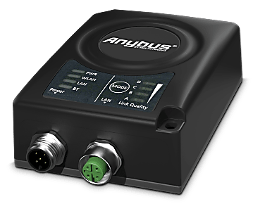 Anybus Wireless Bridge II, WLAN or Bluetooth (AP or Client), Up to 400m light of sight. Ordered separately: M12 quick disconnect cables for Ethernet (4-pin, D-coded) and Power (5-pin, A-coded).