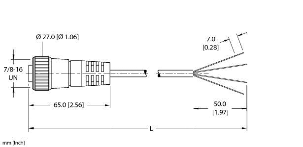 Turck Actuator and Sensor Cordset, Connection Cable (RKM 46-10M/S618), 7/8" Minifast, 10M Length, Cordset with Drain Wire and Foil Shield, Drain Wire is not Connected