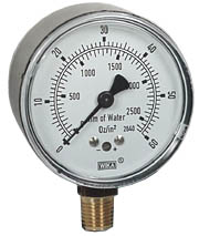 Wika 611.10 Series Dry Capsule Pressure Gauge, 2.5" Dial, 0 to 100 oz/in2 (mm.WC), 1/4" NPT Brass Lower Mount