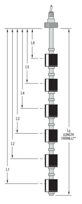 Gems LS-800 Point Level Switch Assembly, 6 Levels - LS-800-3-SS-BN-SPST-020-GR1-6