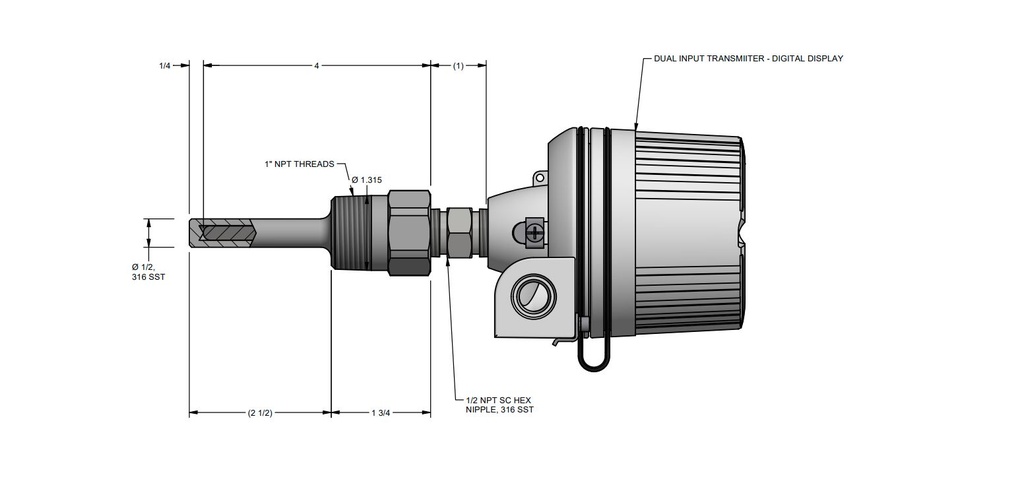 Pyromation, 3 Wire RTD With Transmitter, 4" Stem, Explosion Proof Housing, 0-250F {XP03 HL09-RBF185L483-S4D0408C8-SC-8HN76T82-D10-3I-85-00-A-U-S(0-250)F,I}