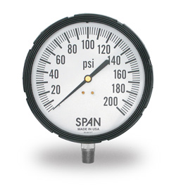 SPAN Liquid Filled Industrial Gauge, 4.5" dial, 1/4" bottom mount, 200PSI, Glycerin Filled