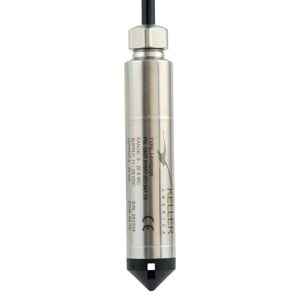 Levelgage Submersible Transducer, 0-5' H2O Range, 4-20mA Output, 20' Cable, NSF-61 Approved, 1% Accuracy