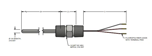3 Wire RTD Replacement Probe, 24inch with Spring Loaded Element 1/2"NPT x 1/2"NPT Fitting